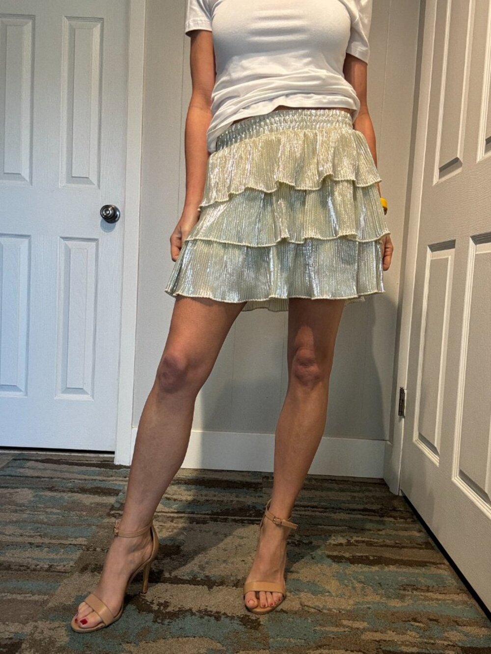 Metallic Silver Tiered Ruffle Mini Skirt